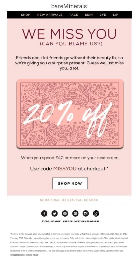 Bare Minerals customer winback email example with personalized message, product recommendations, and special offer to reengage inactive ecommerce customers